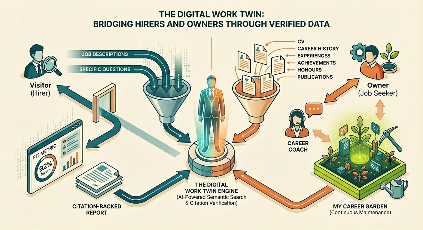 The Digital Work Twin: Visitors submit job descriptions and questions, which flow through the AI-powered semantic search and citation verification engine. Owners feed in their CV, career history, experiences, achievements, honours, and publications. The engine produces citation-backed reports with fit metrics for visitors, while the Career Coach helps owners maintain and grow their digital career garden.